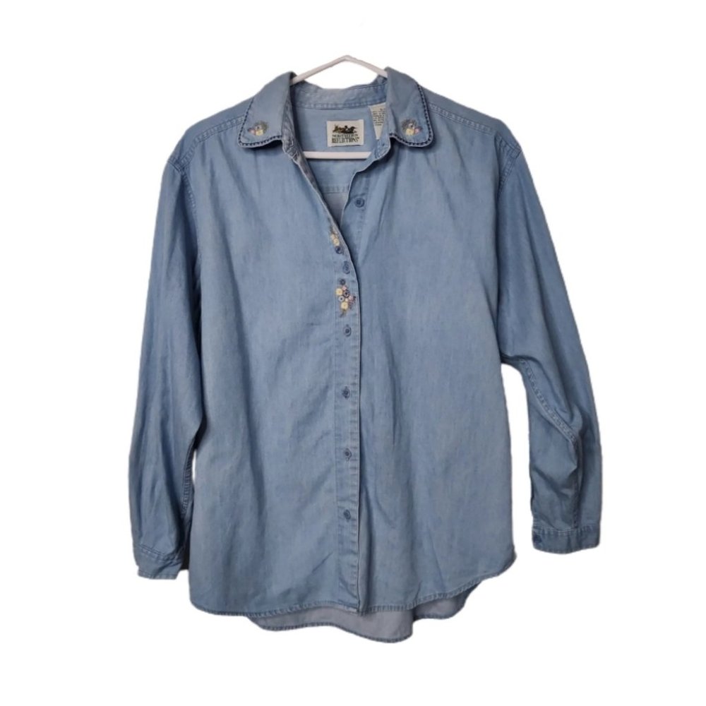 Northern Reflections Chambray Light Denim Button Down Embroidered Shirt Small